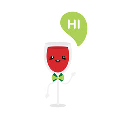 Cute smiling cartoon style red wine glass character with speech bubble saying hi, hello.