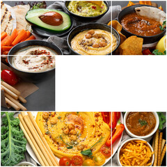 Collage of different kinds of hummus dips with snacks. Traditional homemade snacks concept.