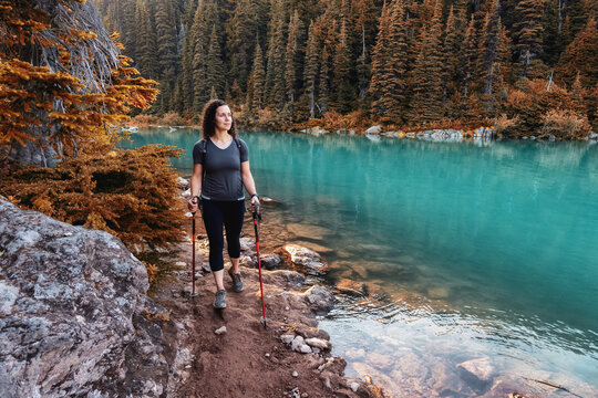 Adventurous White Caucasin Adult Woman Hiking on a trail in Canadian Nature. Artistic Render. Garibaldi Lake Hike near Whistler and Squamish, British Columbia, Canada.