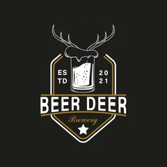  Vintage Retro Style for Beer Deer House or Brewery Logo. With beer glass icon and deer horns. Premium and Luxury Logo Template © Aloysius