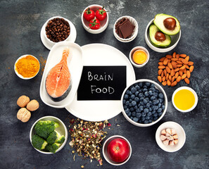 Best products for brains on dark gray background. Clean eating concept.
