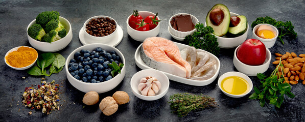 Best products for brains on dark gray background. Clean eating concept.