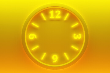 3d illustration of a round transparent clock with numbers  on a neon yellow  isolated background. Time concept