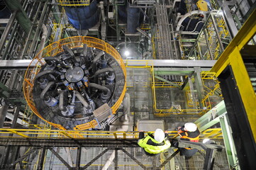 Pavlodar region, Kazakhstan - 12.10.2015 : Hall with technical equipment for processing sulfide ore...