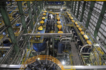 Pavlodar region, Kazakhstan - 12.10.2015 : Hall with technical equipment for processing sulfide ore...