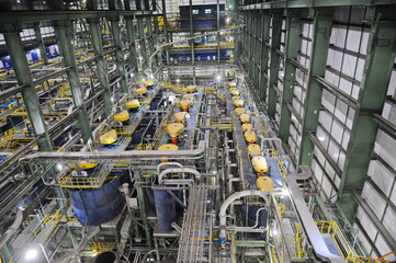 Pavlodar region, Kazakhstan - 12.10.2015 : Hall with technical equipment for processing sulfide ore and copper