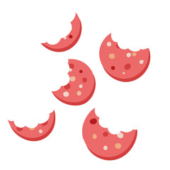 Bitten piece of sausage. Slice of Meat product. Food waste. Ingredient for a burger and sandwich. Flat cartoon illustration