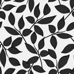 Vintage flowers and leaves. Seamless pattern. Branches. Line art. Design for printing on fabric, wallpaper, paper.