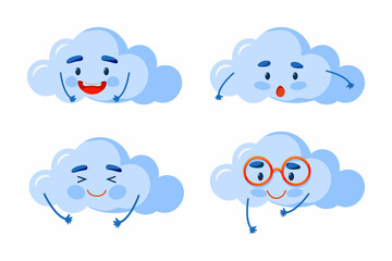 Set of cute clouds flat design with different mood. Cute set of faces kawaii cloud background.