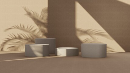 Premium podium on pastel Background for product display, Abstract geometric composition with branch and shadow on the wall -3D render. Mock up for exhibitions. Promotion.
