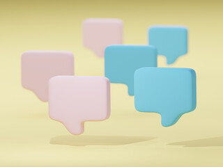 3d rendering illustration chat bubbles on social media communication. Pink and blue pastel chat bubbles icon messages on yellow background minimal style. Social media online, social network concept.