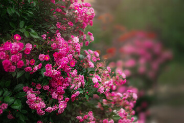 Obraz premium Beautiful garden with blooming rose bushes in summer