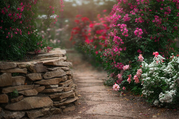 Beautiful garden with blooming rose bushes in summer