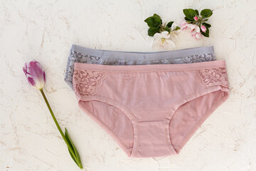 Beautiful women's cotton panties on white background.