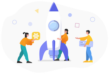 Obraz premium Startup, start new business project, launch web or mobile application. Group of people prepare rocket to launch. Modern vector illustration