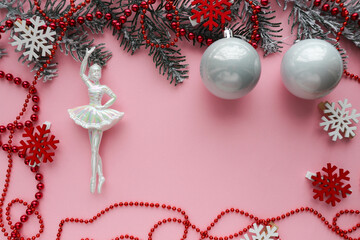 christmas greeting card. christmas card for children. ballerina figurine on christmas tree