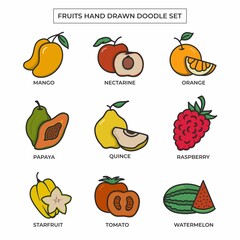Fruits hand drawn doodle set with flat color