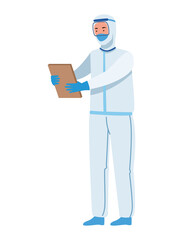 Doctor in protective suit with document
