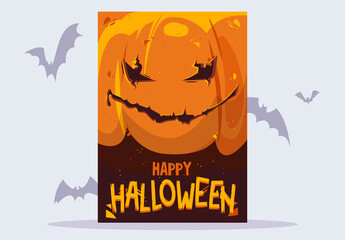 Vector illustration of the poster template for Halloween pumpkin with scary face
