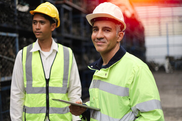 Worker or Engineer work in factory and talk with team, Check stock and inspection in machine spare part engine warehouse