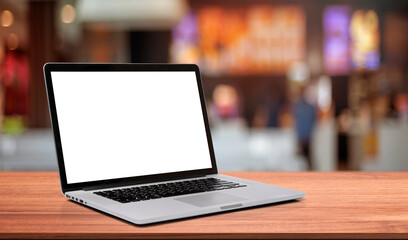 Laptop or notebook with blank screen on wood table in blurry background with fast food restaurant or coffee shop ,nature orange bokeh and sunlight in morning.