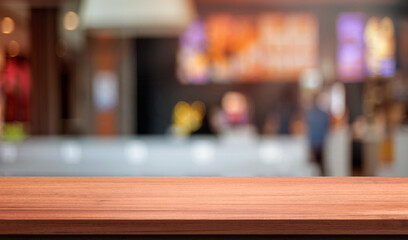 wood table in blurry background with fast food restaurant or coffee shop ,nature orange bokeh and sunlight in morning.
