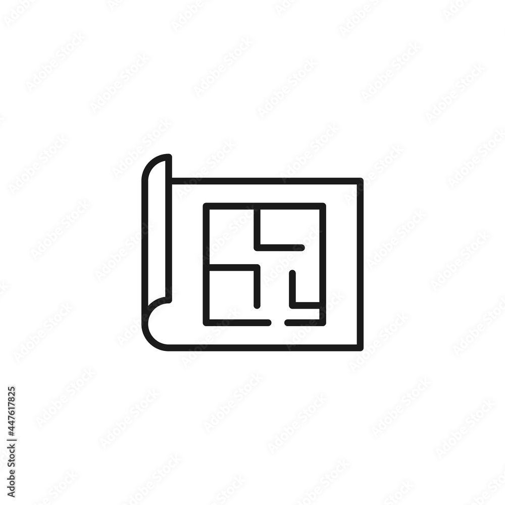 Poster line icon of building layout on paper with rounded enge