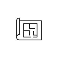 Line icon of building layout on paper with rounded enge
