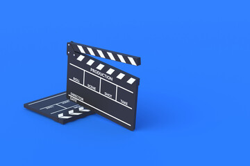 Fototapeta na wymiar Movie clapper boards on blue background. Filmmaking accessories. Cinematography concept. Film in the cinema. Copy space. 3d render