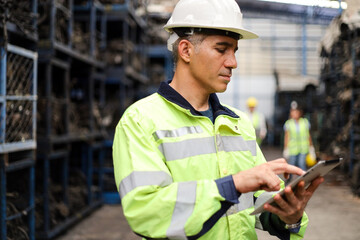Worker or Engineer work in factory and using tablet for checking stock and inspection in machine spare part engine warehouse
