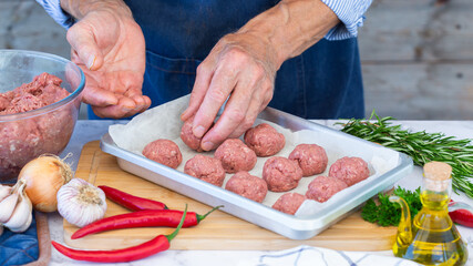 Raw beef and pork cutlets preparation at home