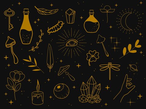 Collection of golden magic items on a dark background. Feathers, plants, eyes, stars, poison bottles, mushrooms, candle, insects, etc. Vector illustration