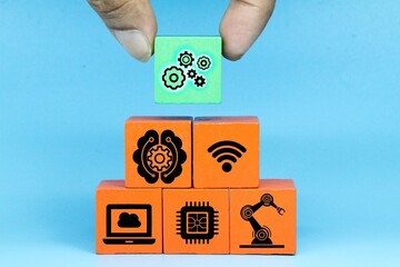 colored cubes with technology items and the word Industry 4.0. Industry 4.0 infographic.
