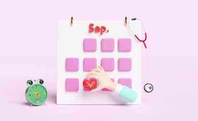 Calendar date with cartoon doctor hands holding red heart and blood pressure heart rate,stethoscope,green alarm clock  isolated on pink background ,world heart day concept,3d illustration or 3d render