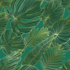 Naklejka na ściany i meble Pattern with tropical leaves. Vector hand drawn