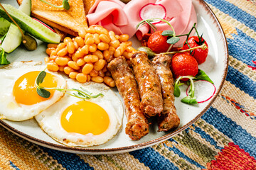 Closeup of traditional english breakfast bread with mushrooms and herbs.