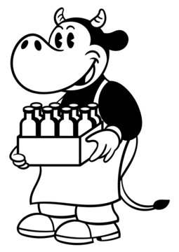 Black and white Cartoon illustration of A dairy cow peddling milk and carrying milk bottle with box, best for coloring book of children with farm themes
