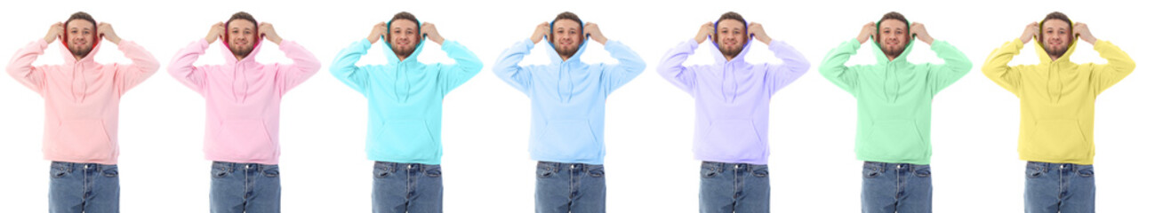 Young man wearing stylish hoodies in different colors on white background