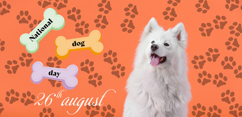 Greeting card for Happy National Dog Day with cute Samoyed - obrazy, fototapety, plakaty