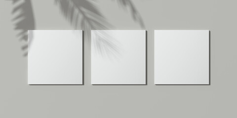 Three white squares on white wall. Triptych. 3D render. White square mock up. Empty interior. 3D illustrations. 3D design interior. Template for business. Shadow on the wall. Empty blank for design.
