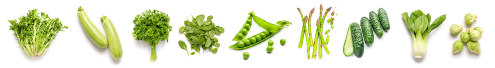 Many green vegetables on white background