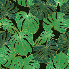Naklejka na ściany i meble Pattern with tropical leaves. Vector hand drawn