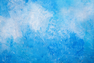 Beautiful Abstract Grunge Decorative Light Blue Cyan Painted Stucco Wall Texture. Handmade Rough Winter Christmas Paper Wide Background With Copy Space. Watercolor high resolution texture.