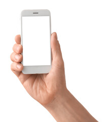 Man with mobile phone on white background