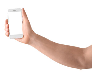 Man with mobile phone on white background