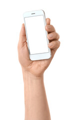 Man with mobile phone on white background