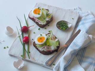 Light background.Vegetarian sandwich made from natural products, cucumbers and radishes.Healthy natural summer food.