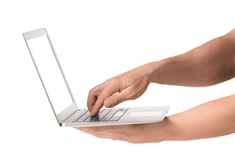 Man using laptop on white background