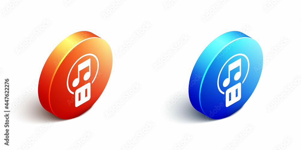 Poster isometric pause button icon isolated on white background. orange and blue circle button. vector