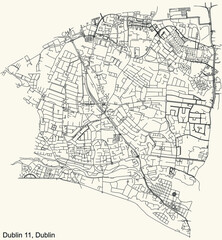 Fototapeta na wymiar Black simple detailed street roads map on vintage beige background of the quarter Postal district 11 (D11) of Dublin, Ireland